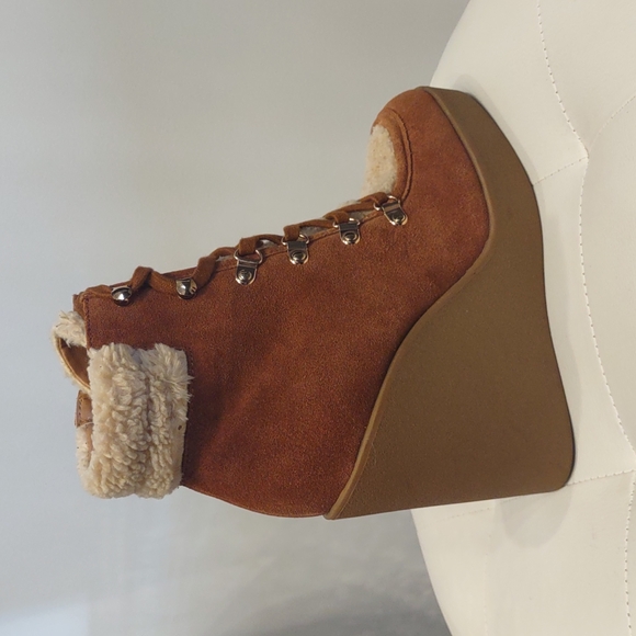 Jessica Simpson Maelyn Fleece Fur Leather Suede Wedge Lace Zip Up Heel Boots 8 M - Picture 6 of 8